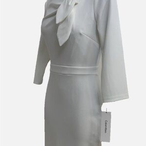 Calvin Klein White 3/4 Long Sleeve Tie Neck Dress